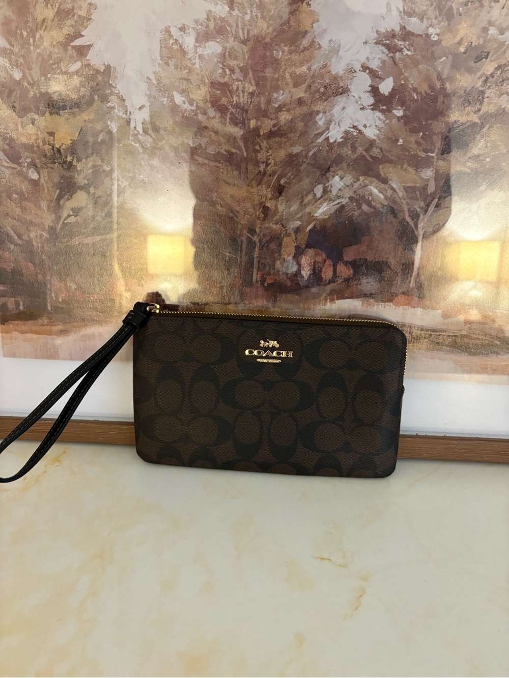 Coach Dark Brown Signature Canvas Wristlet with Black Strap